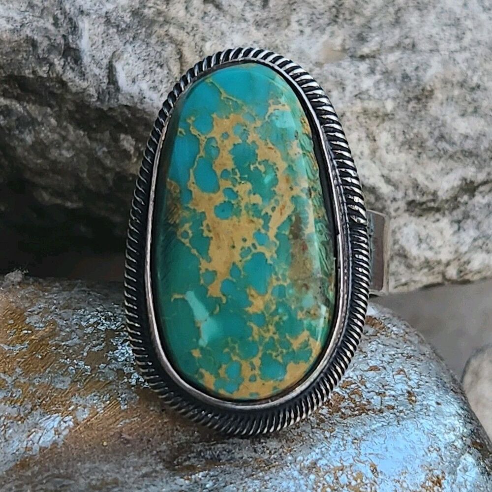 Leon Martinez Navajo handmade US Fox Turquoise adjustable ring signed sterling